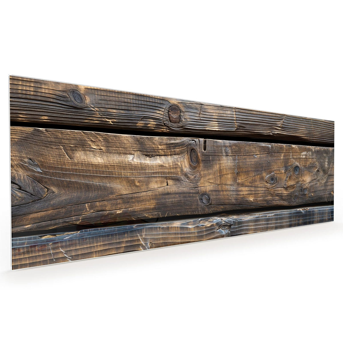 Küchenrückwand aus Glas im Hochformat mit Motiv Alte Holzbalken: Drei breite, dunkelbraun geflammte Holzbalken mit Astlöchern, waagerecht
