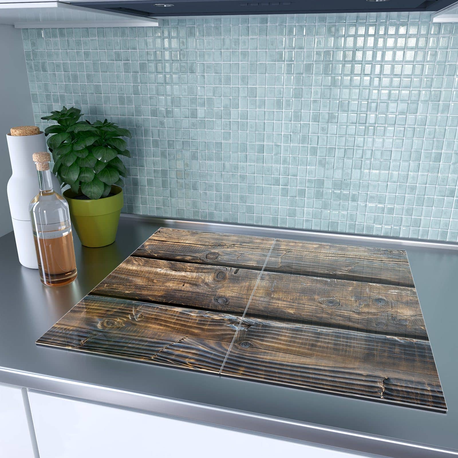 2-teilige Abdeckplatten für Herd mit Alte Holzbohlen-Motiv auf dem Ceranfeld