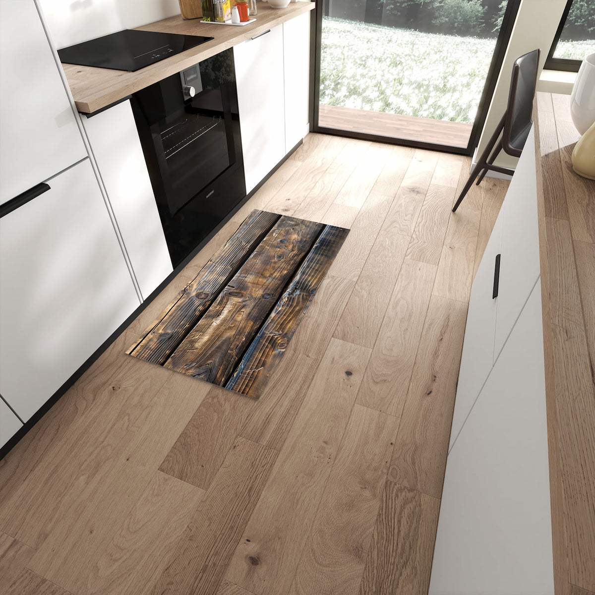 Abriebfester Küchenteppich mit Motiv Alte Holzbohlen in moderner Küche #grösse_60 x 120 cm