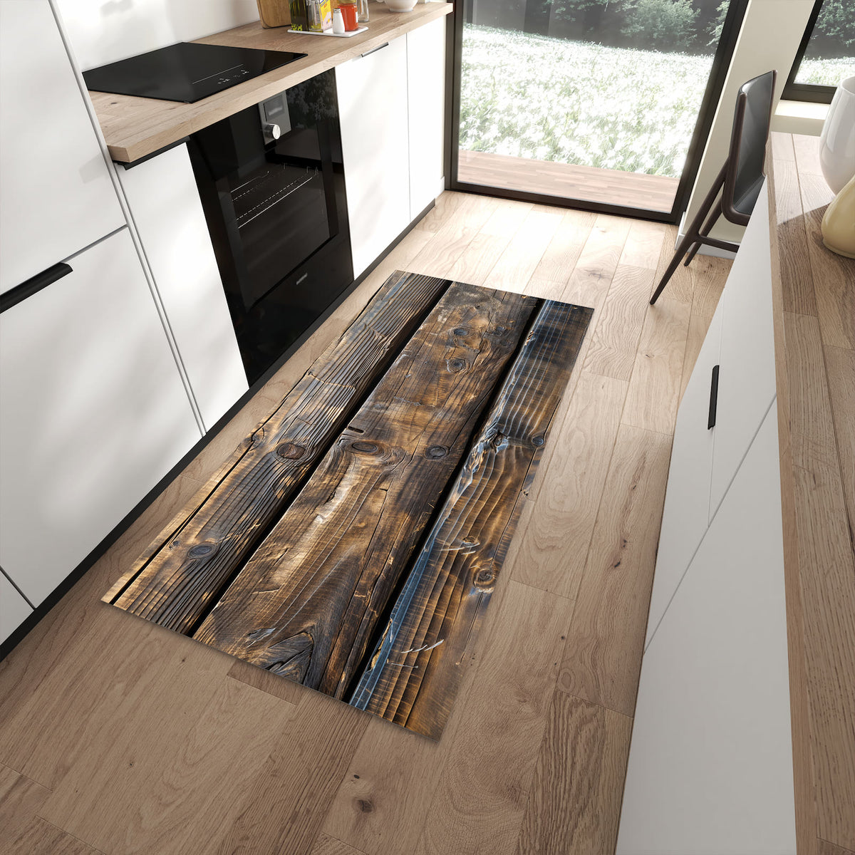 Rutschfester Küchenläufer mit Motiv Alte Holzbohlen in moderner Küche