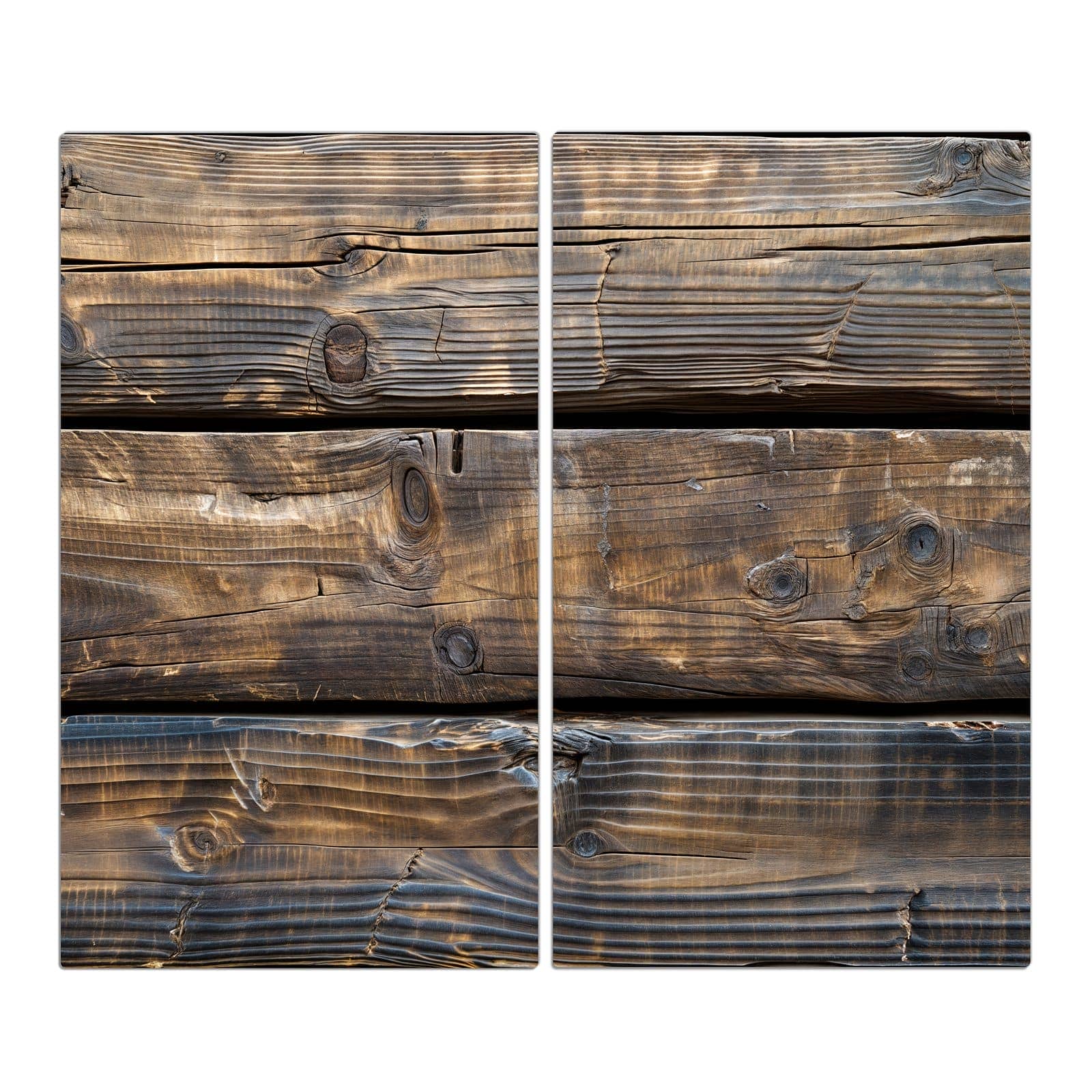 2-teilige Glasabdeckplatte für Ceranfeld mit Alte Holzbohlen-Motiv in der Frontansicht #grösse_2-Teilig (60x52cm)