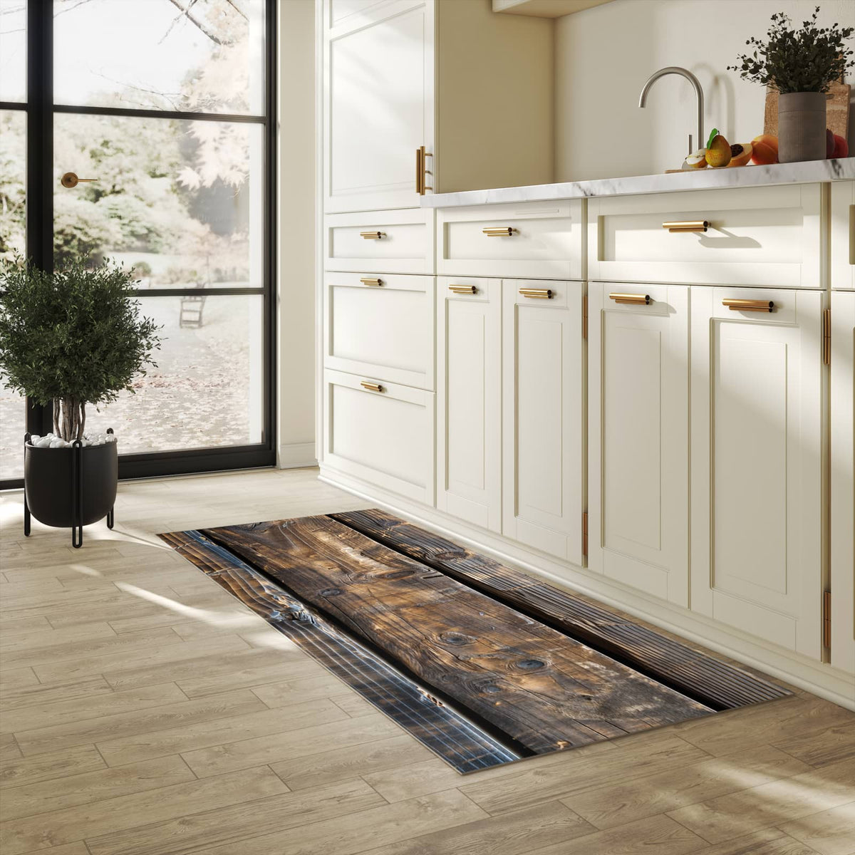 Küchenteppich mit Motiv Alte Holzbohlen für Trittkomfort in heller Küche