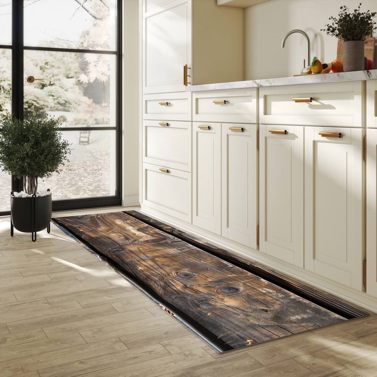 Fleckenresistenter waschbarer Teppich Küche mit Motiv Alte Holzbohlen in heller Küche