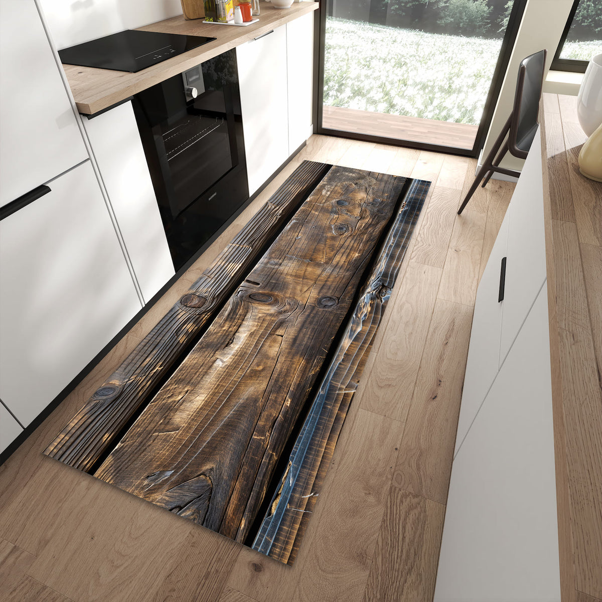 Pflegeleichter Küchenläufer mit Motiv Alte Holzbohlen in moderner Küche