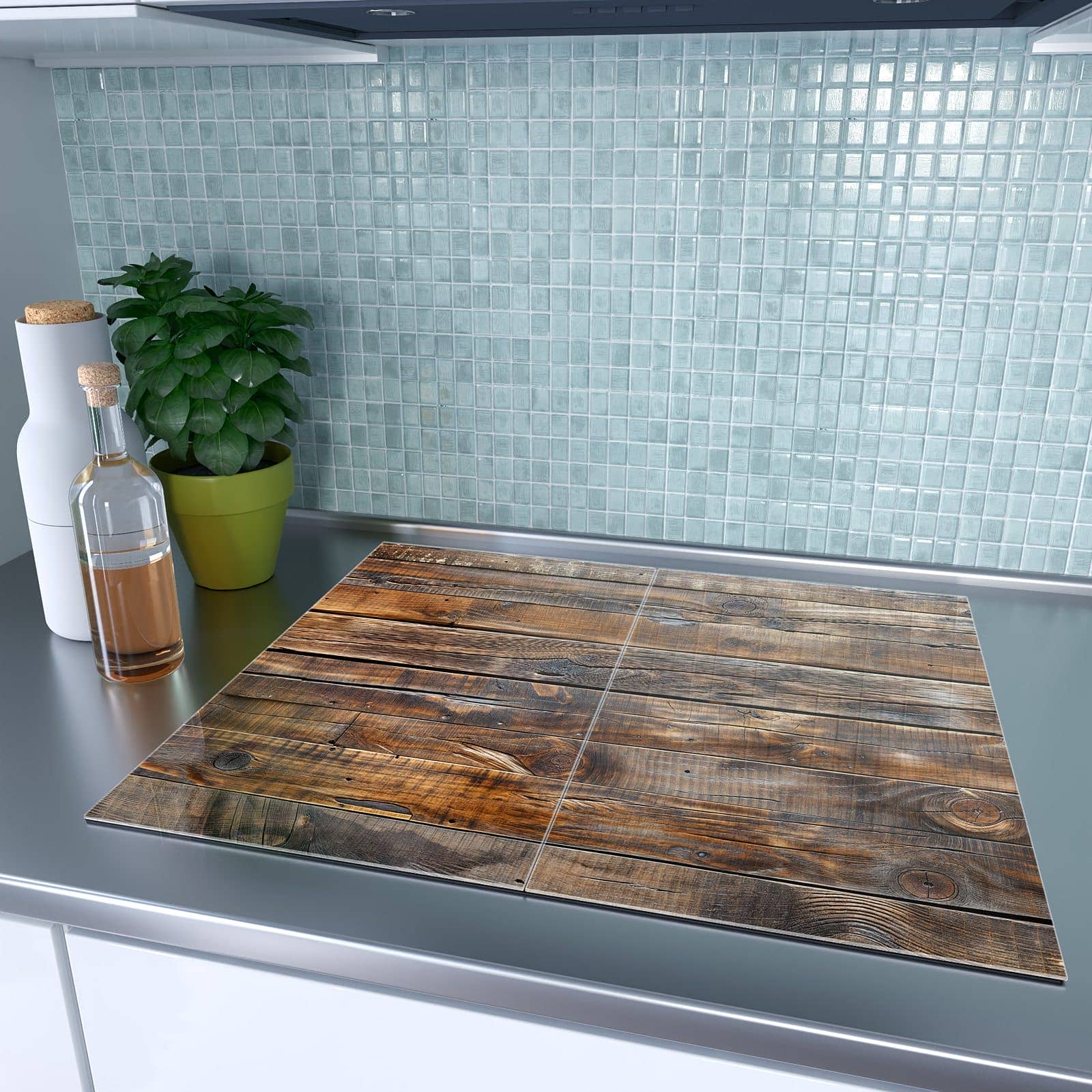 2-teilige Herdabdeckplatten aus Glas mit Holzmaserung-Motiv auf dem Ceranfeld