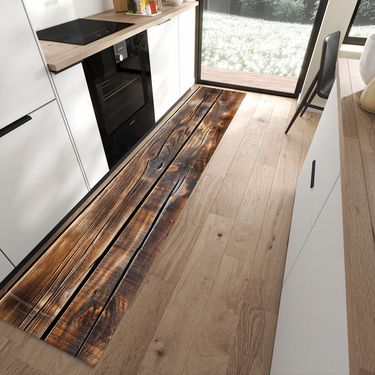 Bodenschonender rutschfester Küchenläufer mit Motiv Holzmaserung in moderner Küche