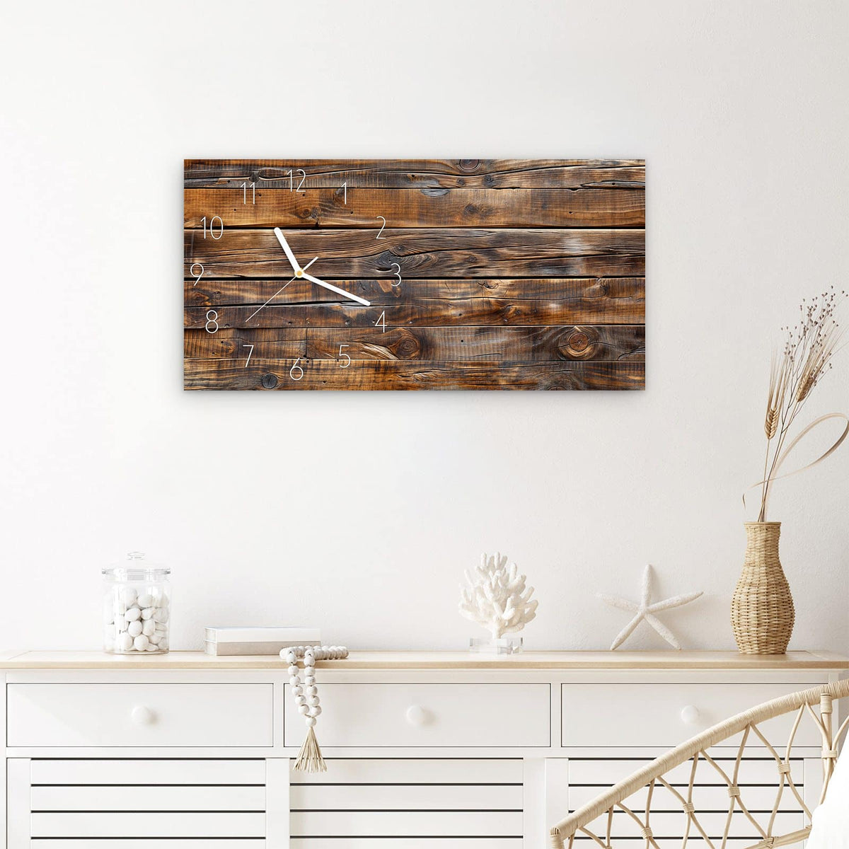 Wanduhr Holzmaserung aus Glas – Querformat 60 × 30 cm – Rustikale Bretter mit Astlöchern