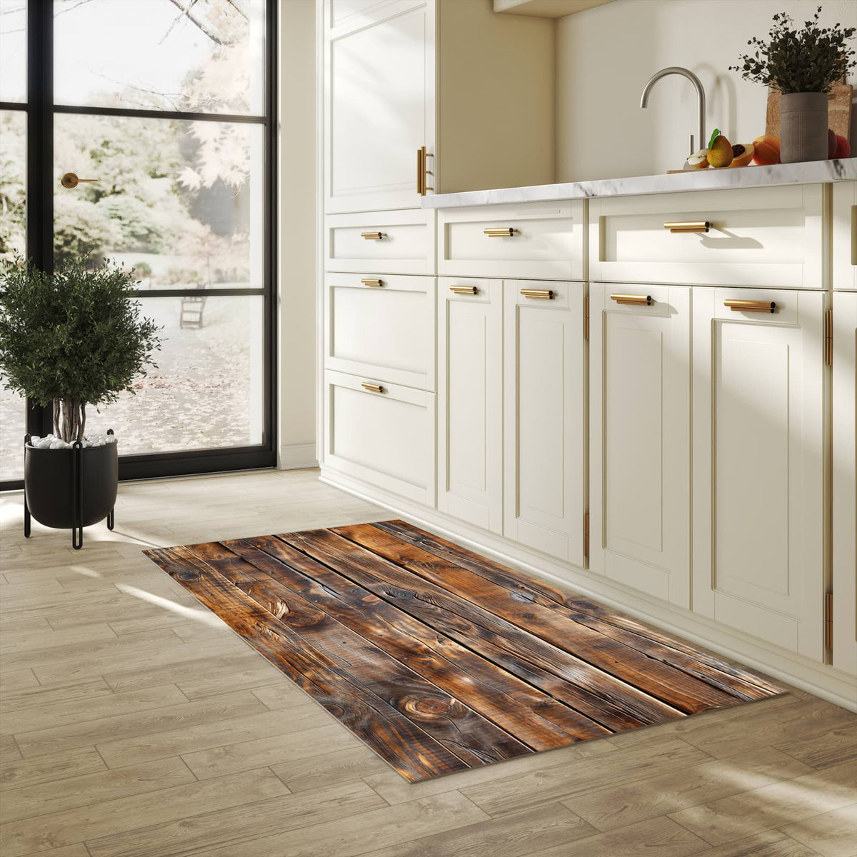 Pflegeleichter Küchenteppich mit Motiv Holzmaserung in heller Küche