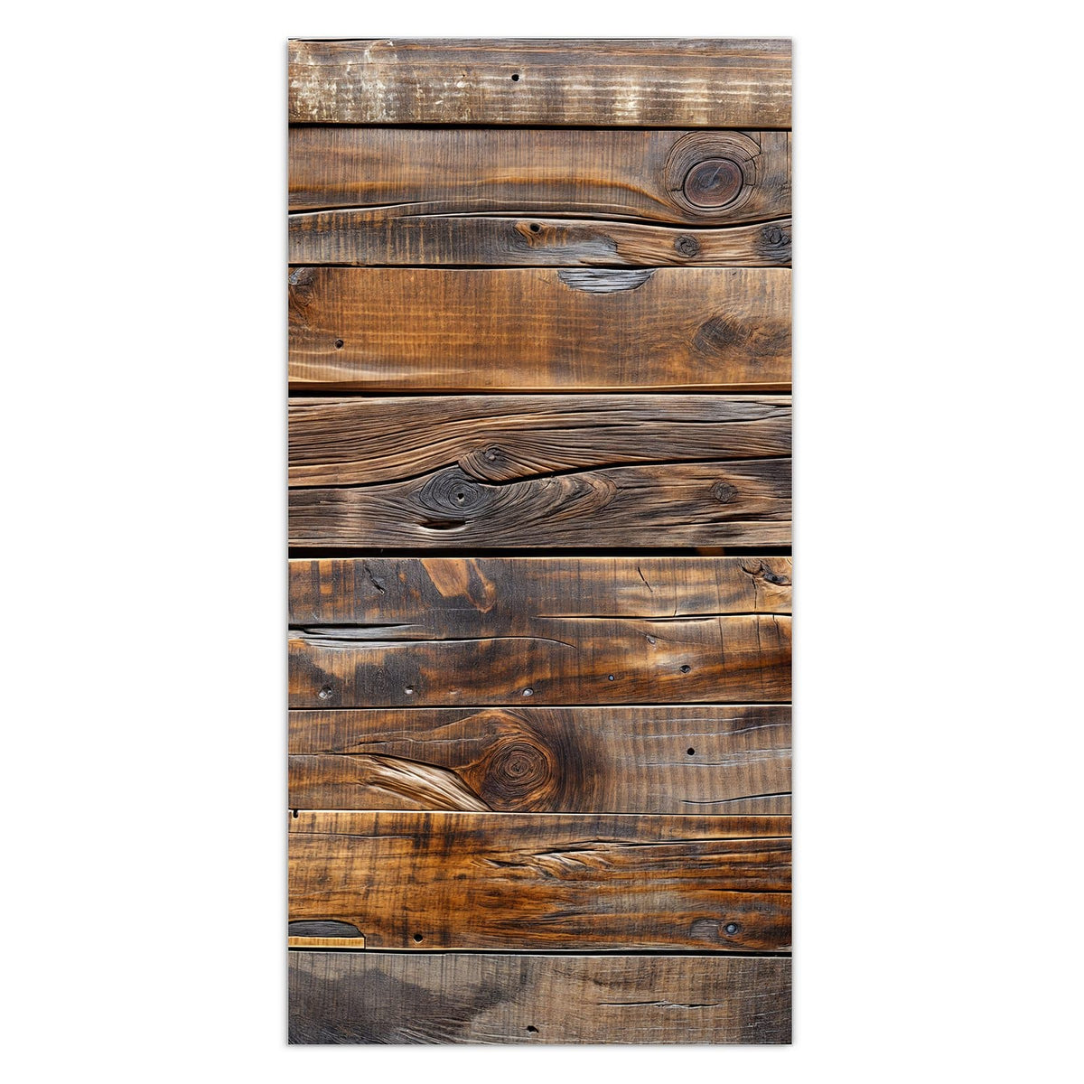 Waagerechte, dunkel nussbraune Bretter mit kräftiger Maserung und Astlöchern