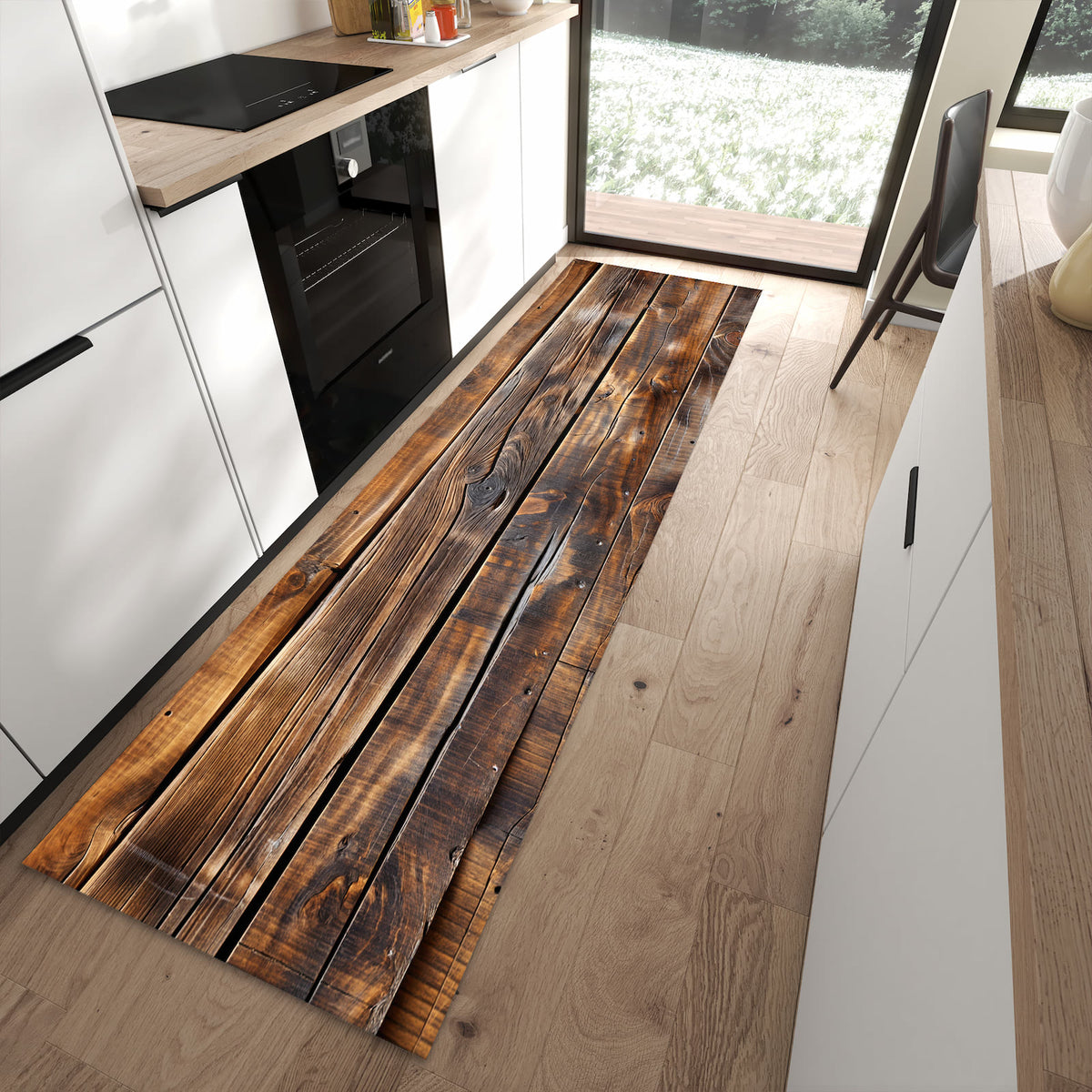 Formstabiler Küchenläufer nach Maß mit Motiv Holzmaserung in moderner Küche
