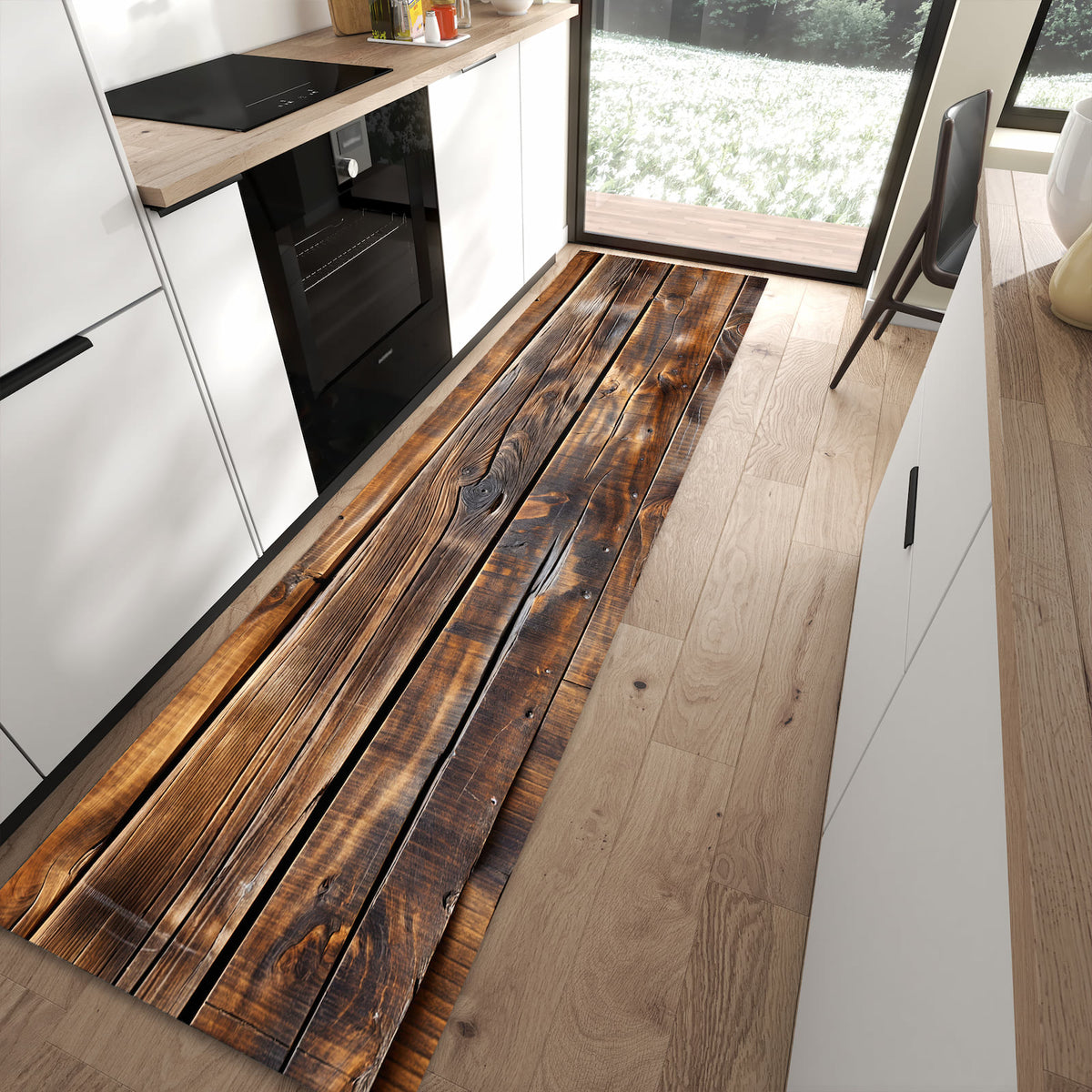 Waschbarer Küchenläufer mit Motiv Holzmaserung in moderner Küche für sichere Aufbewahrung