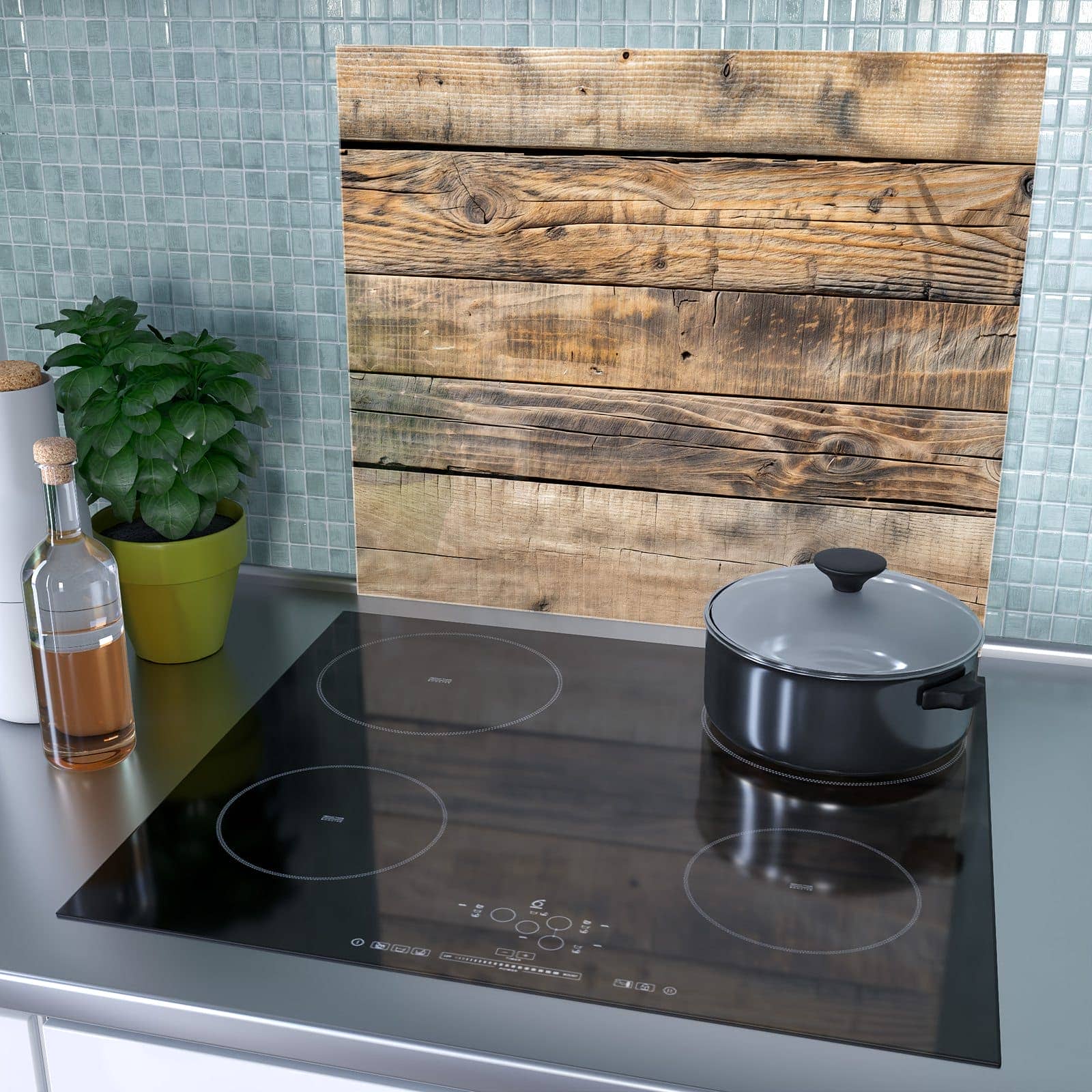 1-teilige Herdabdeckplatte mit Sanfte Holzmaserung-Motiv als Spritzschutz hinter dem Kochfeld