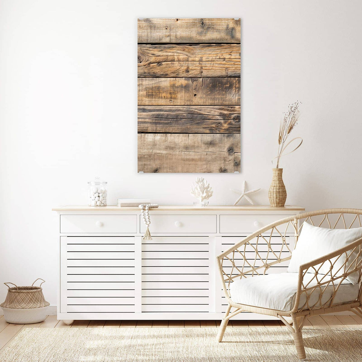 Glasbild Helle Holzbohlen an der Wand – Fünf waagerechte Bohlen in hellem Beige bis Mittelbraun mit kräftiger Maserung