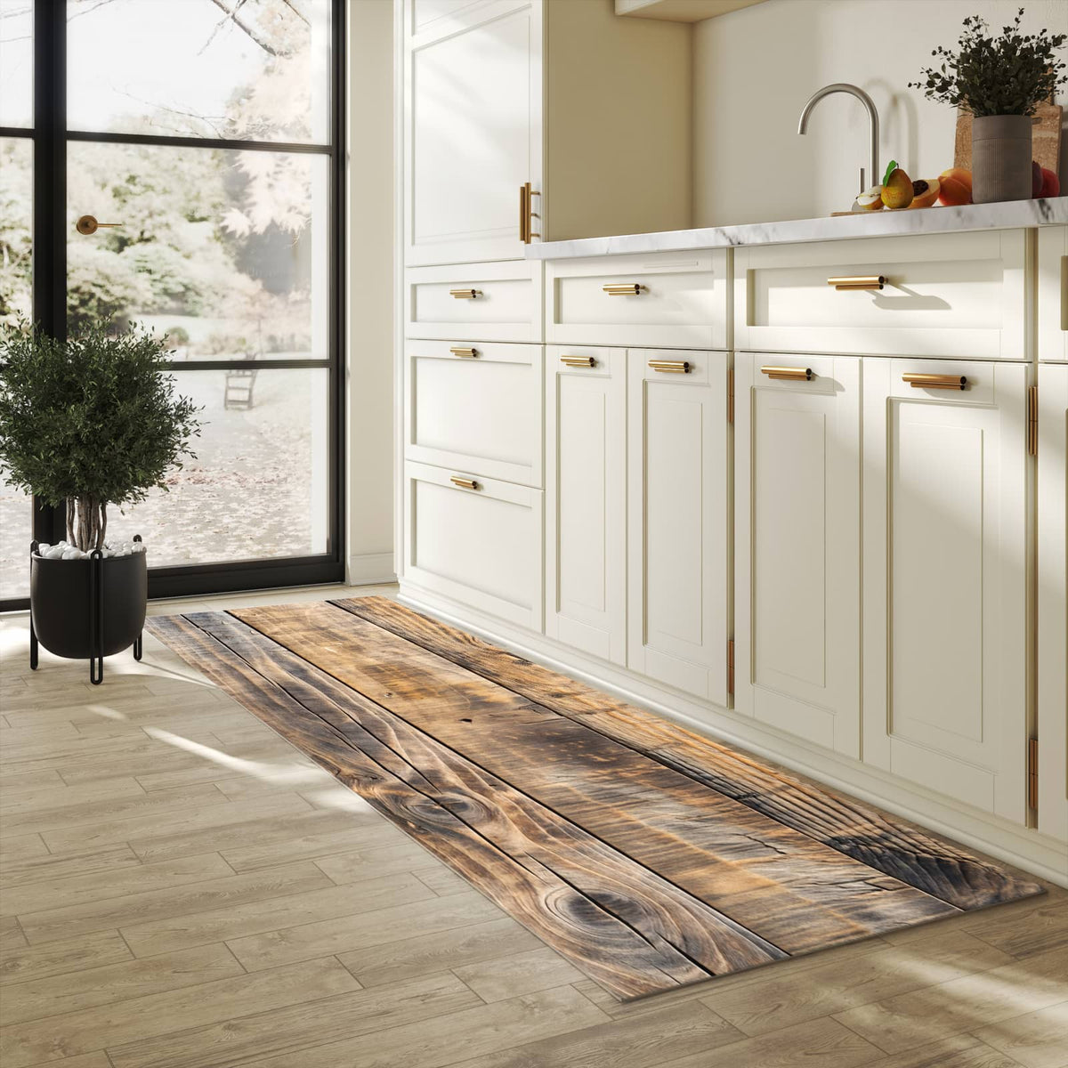 Küchenteppich mit Motiv Sanfte Holzmaserung in heller Küche für sichere Aufbewahrung