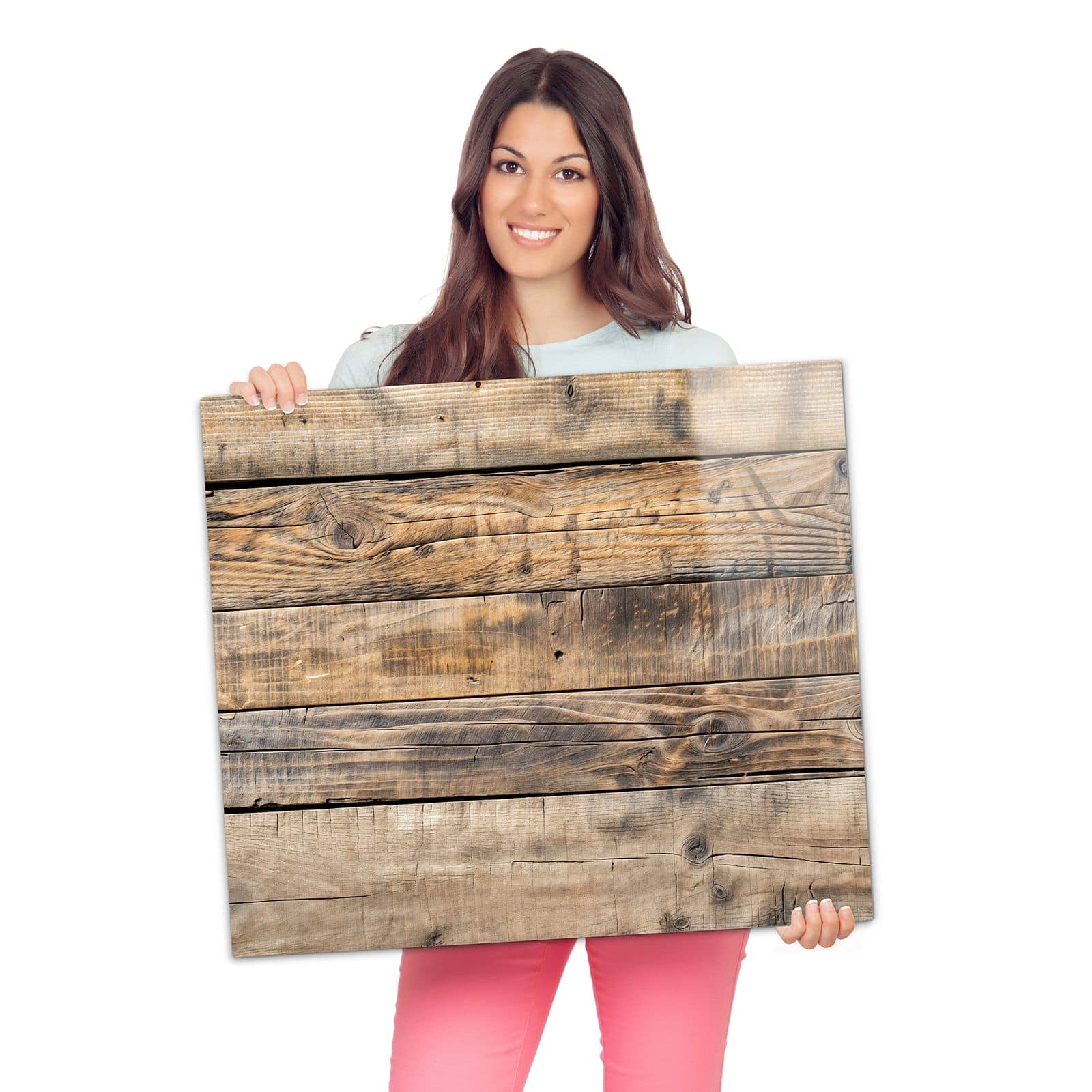 Ceranfeldabdeckung mit Sanfte Holzmaserung-Motiv wird zur Größendarstellung gehalten