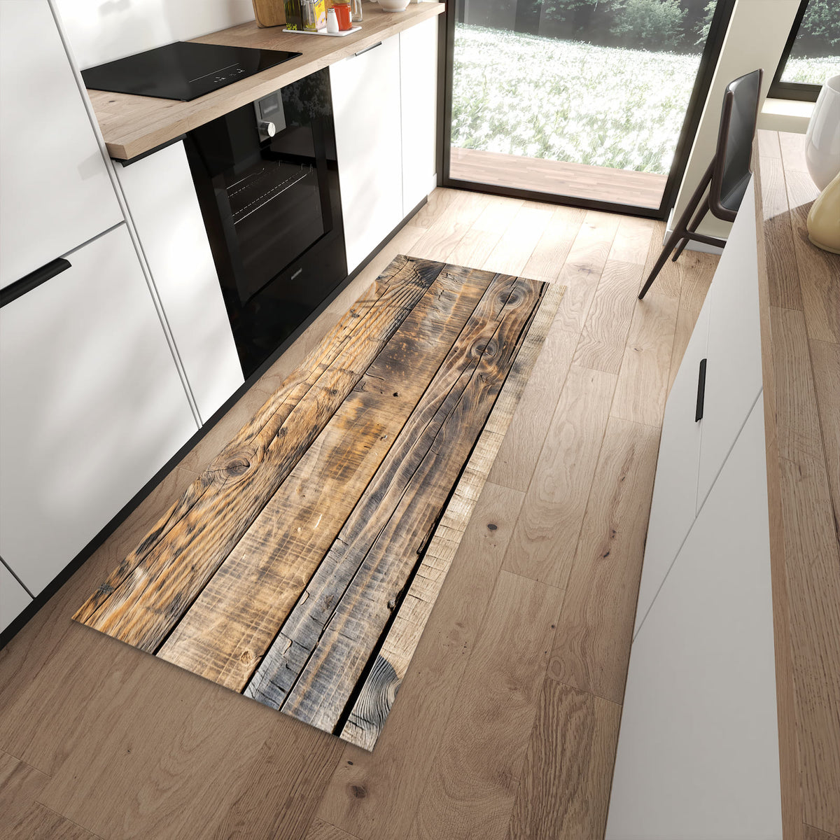 Pflegeleichter Küchenteppich mit Motiv Sanfte Holzmaserung in moderner Küche