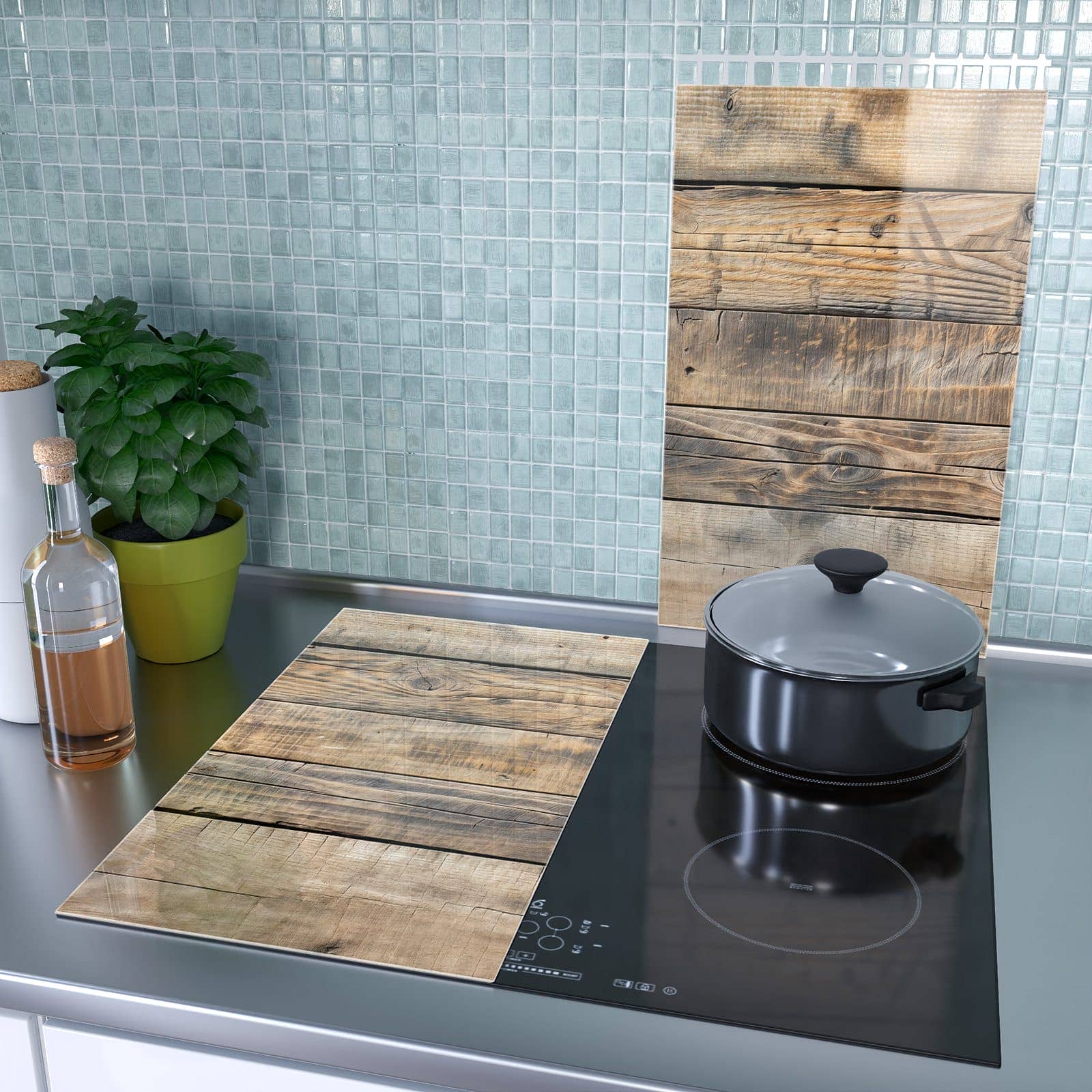 2-teilige Glasplatte für Herd mit Sanfte Holzmaserung-Motiv als Spritzschutz hinter dem Kochfeld