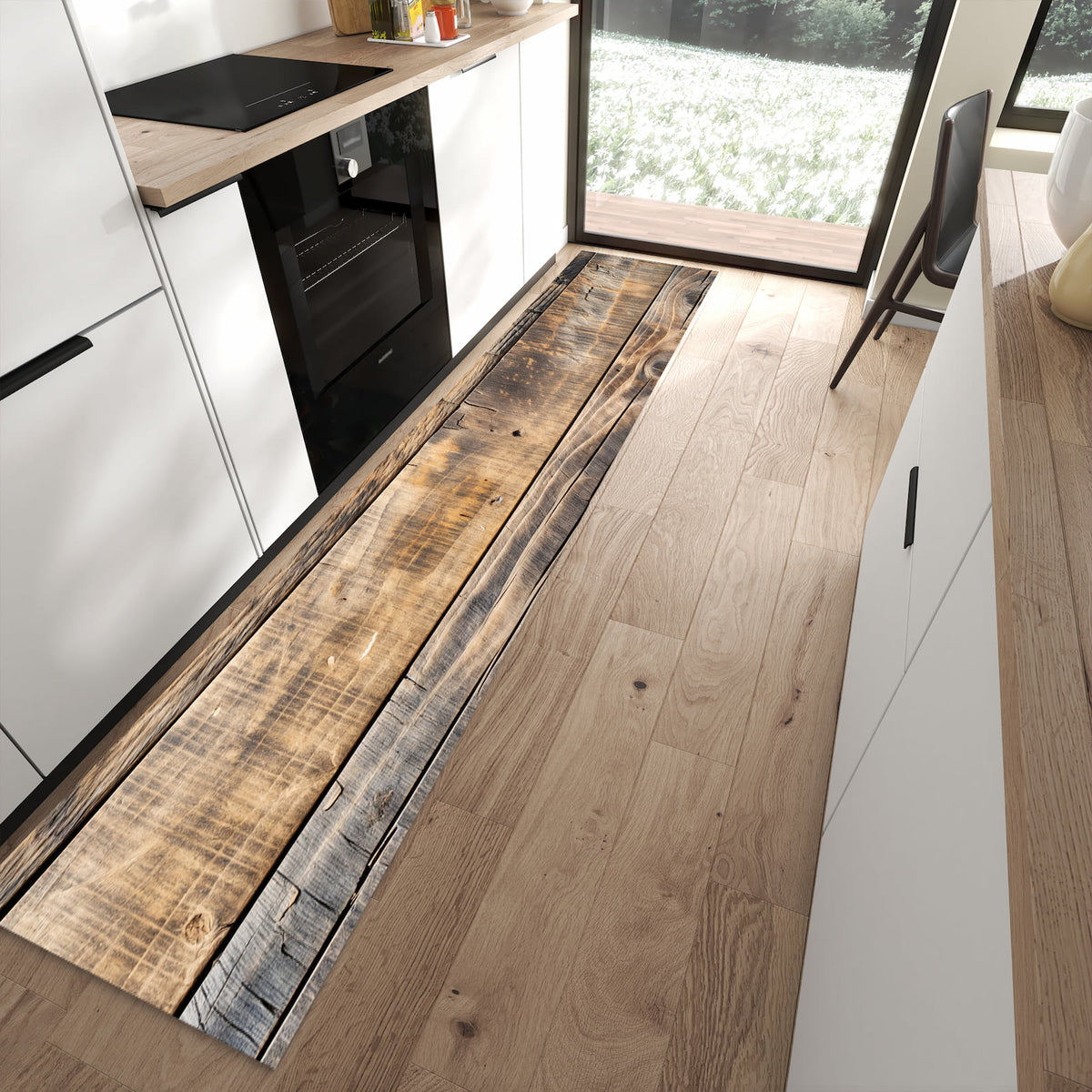 Langlebiger Küchenteppich mit Motiv Sanfte Holzmaserung in moderner Küche