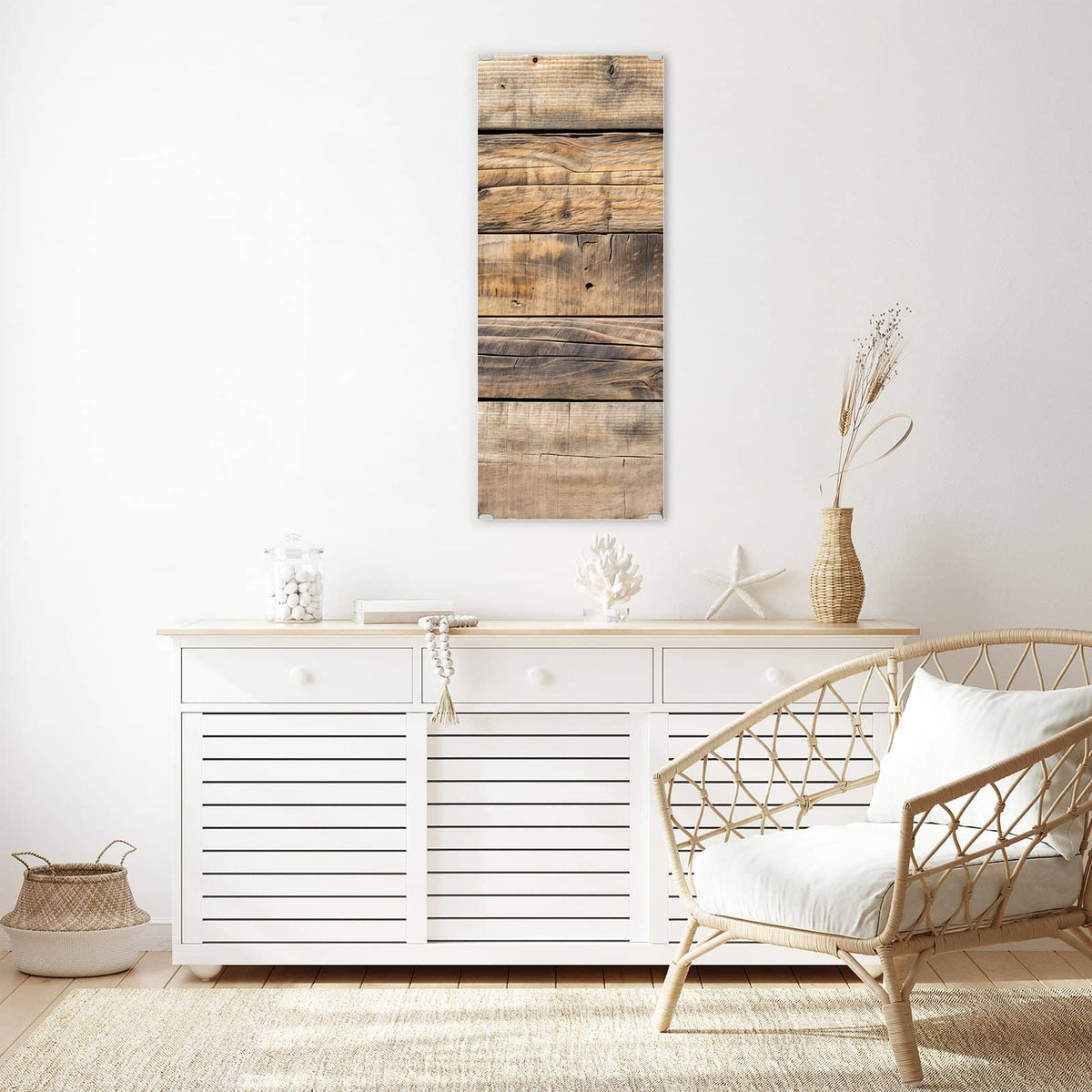 Wandbild - Helle Holzbohlen - Hochformat – Horizontale Bohlen von Beige bis Braun