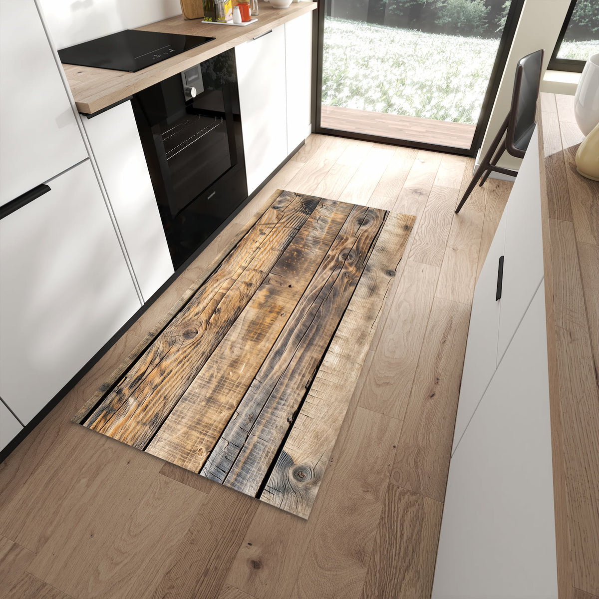 Rutschfester Küchenteppich mit Motiv Sanfte Holzmaserung für angenehmes Stehen in moderner Küche