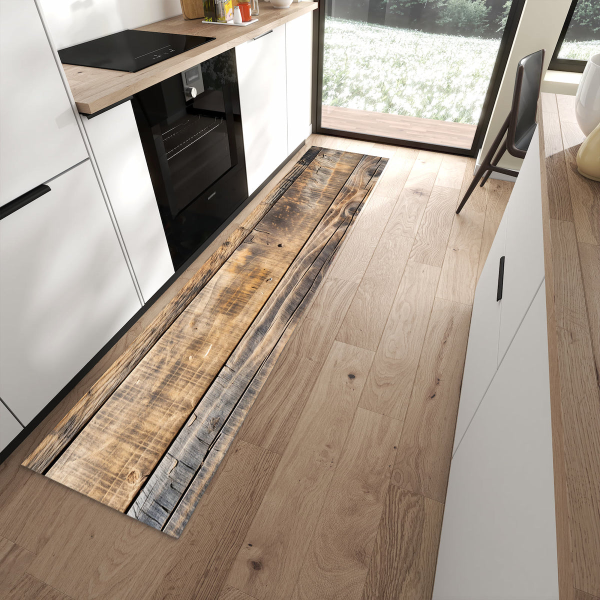 Geruchsneutraler waschbarer Küchenteppich mit Motiv Sanfte Holzmaserung in moderner Küche