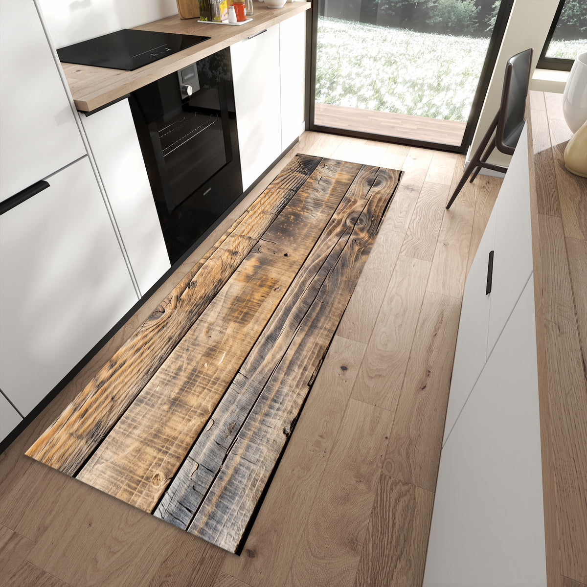 Komfortabler waschbarer Küchenteppich mit Motiv Sanfte Holzmaserung in moderner Küche
