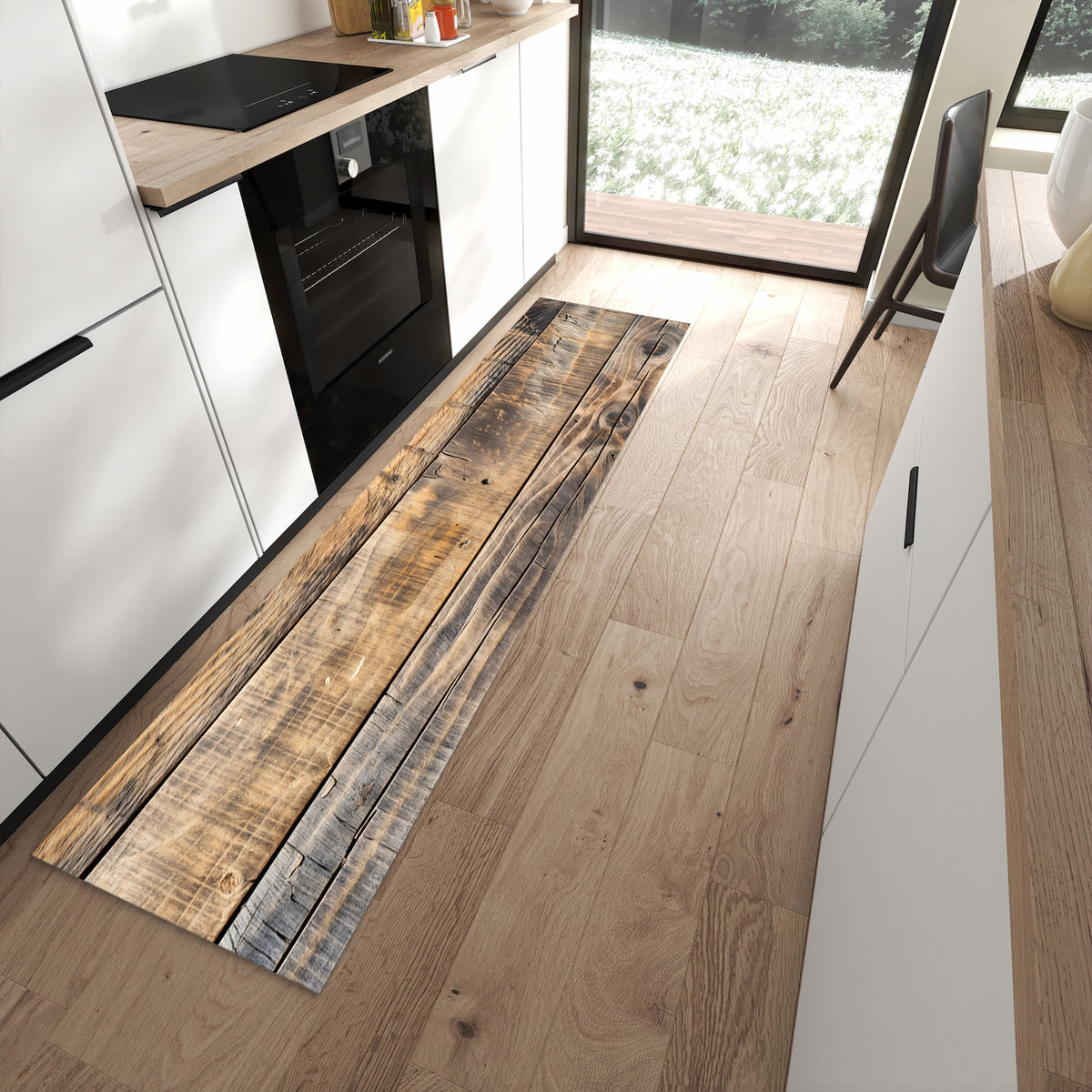 Schmutzabweisender Küchenteppich mit Motiv Sanfte Holzmaserung in moderner Küche