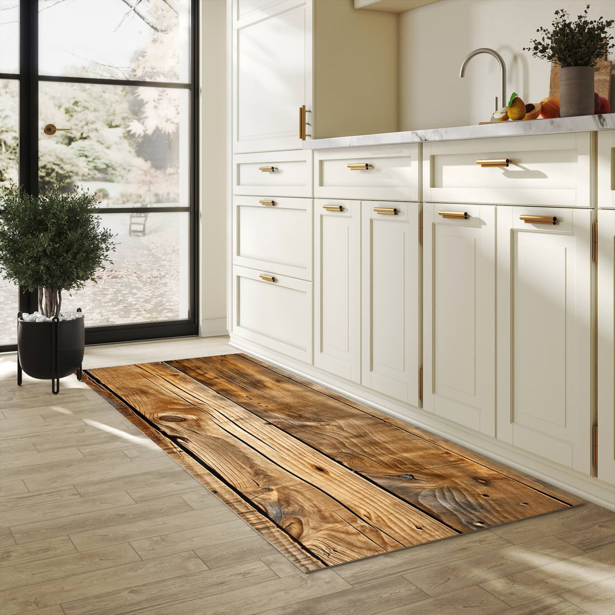 Strapazierfähiger Küchenteppich mit Motiv Holzdielenmaserung in heller Küche