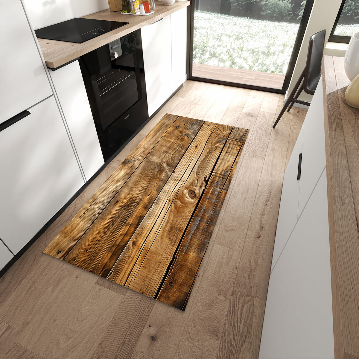 Abriebfester waschbarer Teppich fürs Esszimmer mit Motiv Holzdielenmaserung in moderner Küche