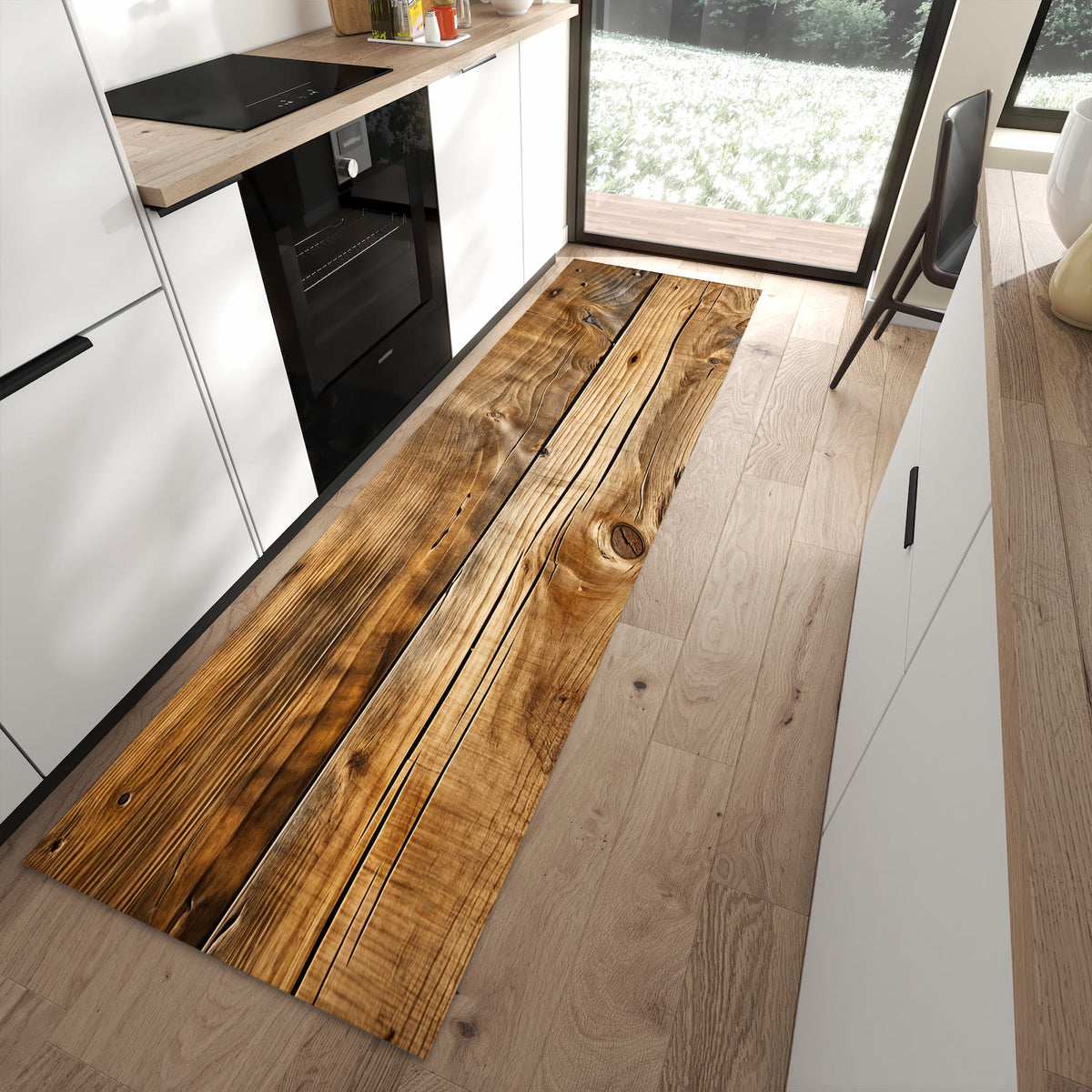 Rutschfester dünner Teppich mit Motiv Holzdielenmaserung spart Zeit in moderner Küche