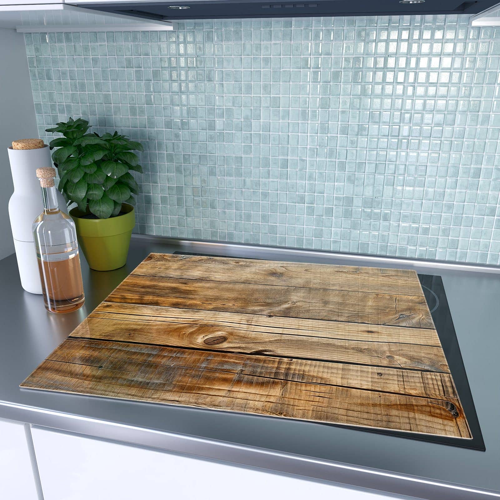 1-teilige Herdabdeckplatten mit Holzdielenmaserung-Motiv auf dem Ceranfeld