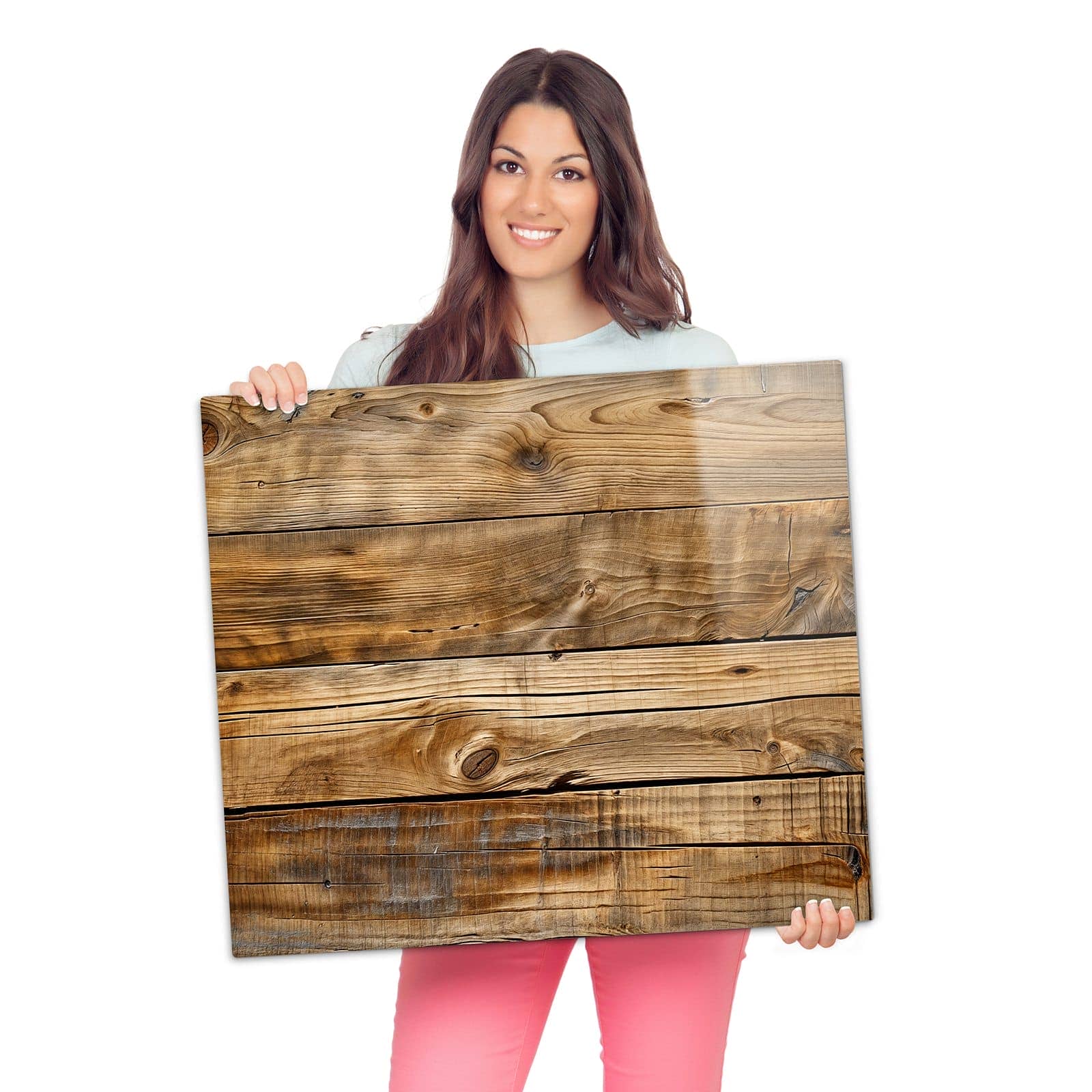 1-teilige Herdabdeckplatte aus Glas mit Holzdielenmaserung-Motiv wird zur Größendarstellung gehalten