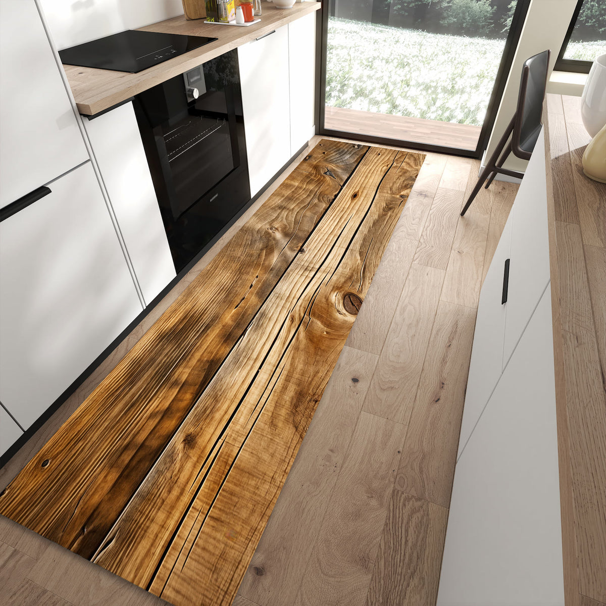 Geräuschdämpfender dünner Küchenteppich mit Motiv Holzdielenmaserung in moderner Küche