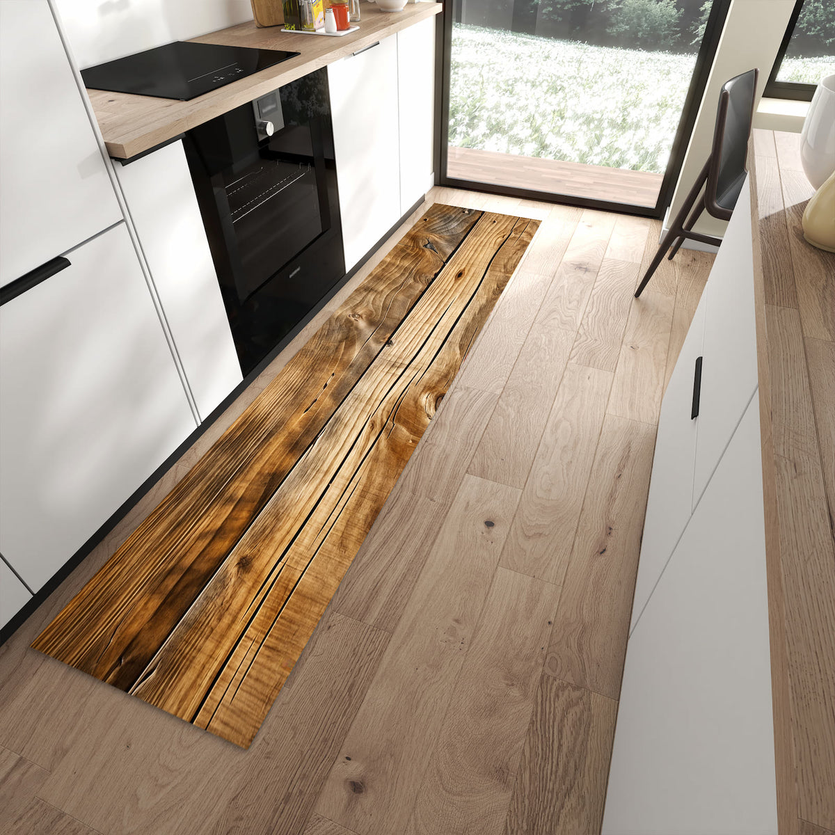 Waschbarer Küchenläufer mit Motiv Holzdielenmaserung für Ordnung in moderner Küche