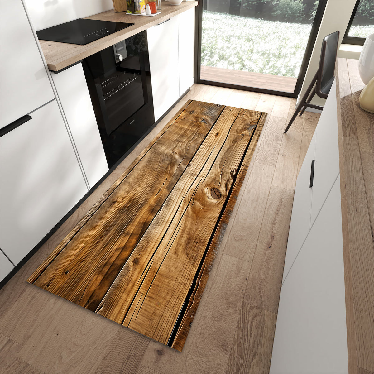 UV-beständiger waschbarer Teppich für Esstisch mit Motiv Holzdielenmaserung in moderner Küche