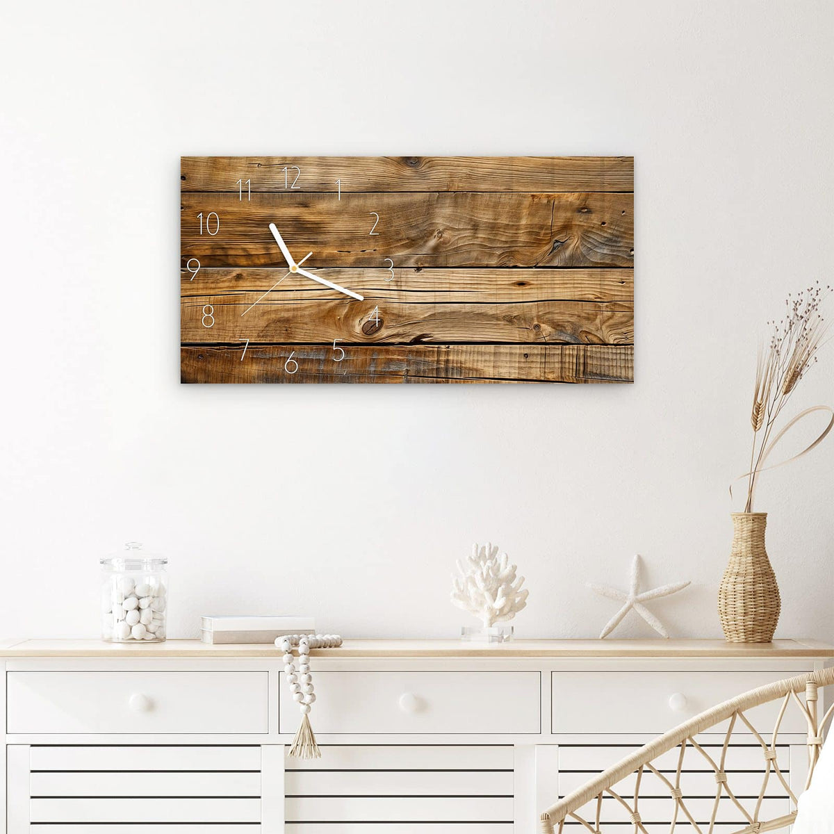 Wanduhr Holzdielenmaserung aus Glas – Querformat 60 × 30 cm – Goldbraune Maserung mit feinen Rissen