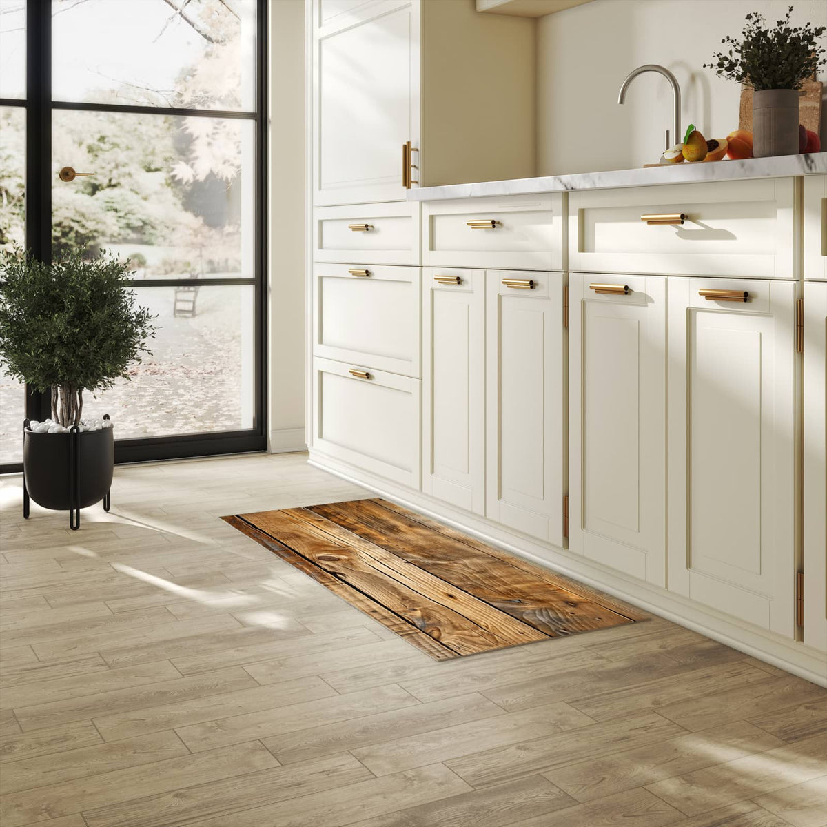 Fleckenresistenter langer Teppich mit Motiv Holzdielenmaserung in heller Küche