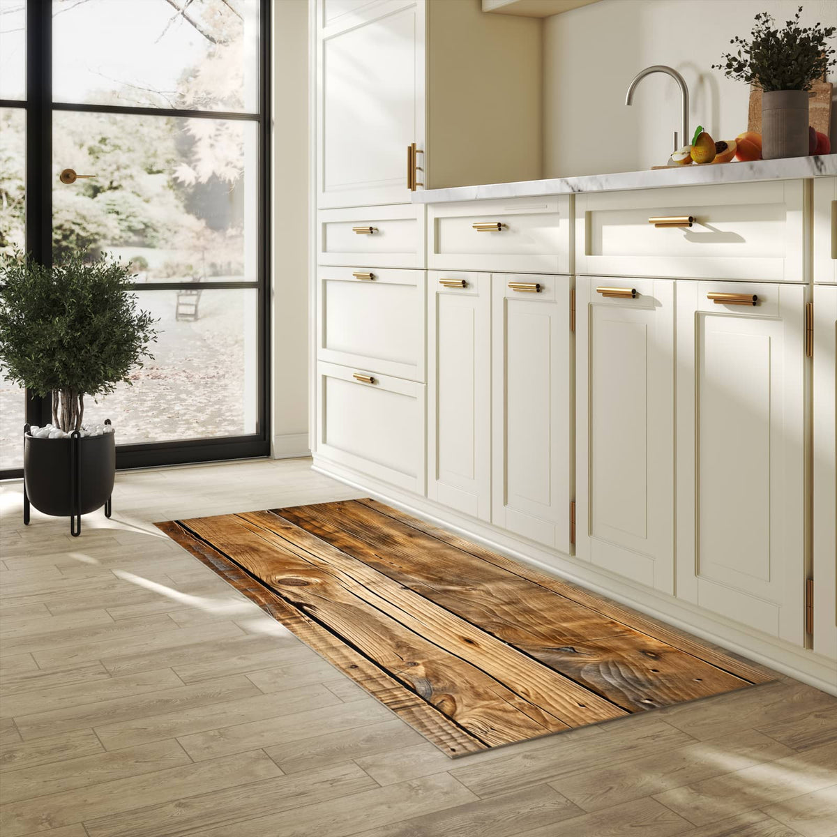 Komfortabler Teppich fürs Esszimmer mit Motiv Holzdielenmaserung in heller Küche, waschbar