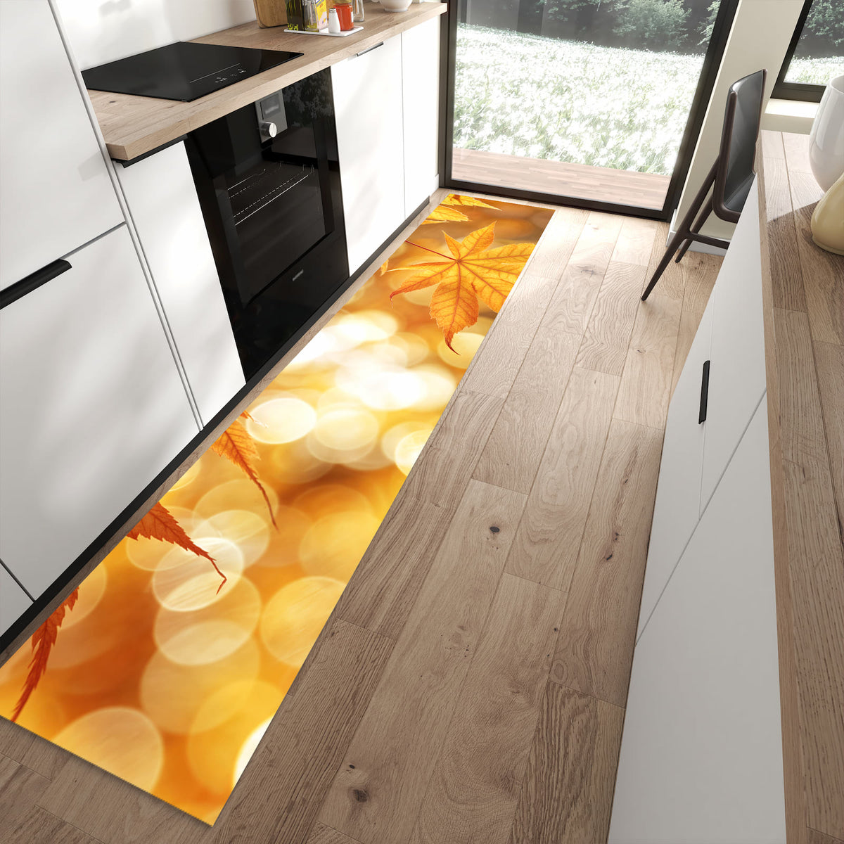 Pflegeleichter Küchenteppich mit Motiv Herbstlich Glitzernd in moderner Küche