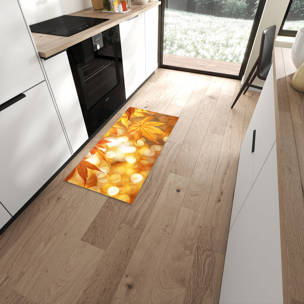 Fleckenresistenter Küchenteppich mit Motiv Herbstlich Glitzernd in moderner Küche #grösse_60 x 120 cm