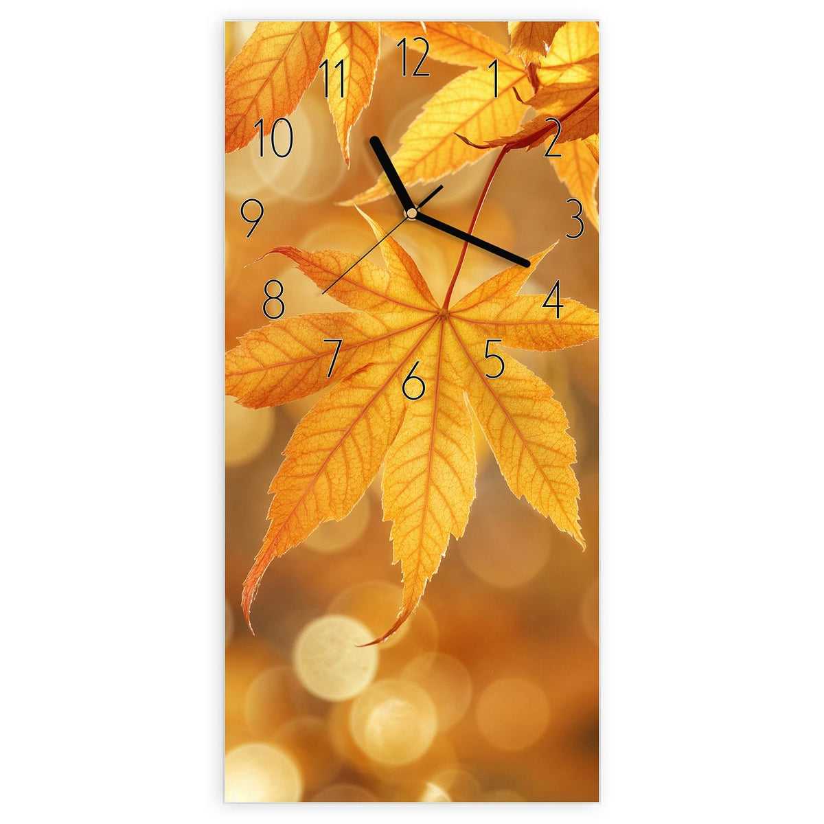 Wanduhr aus Glas, Ziffernblatt Elegant mit Motiv Ahorn im Gegenlicht: Goldgelbe Fächerahorn-Blätter im Gegenlicht vor goldenem Bokeh