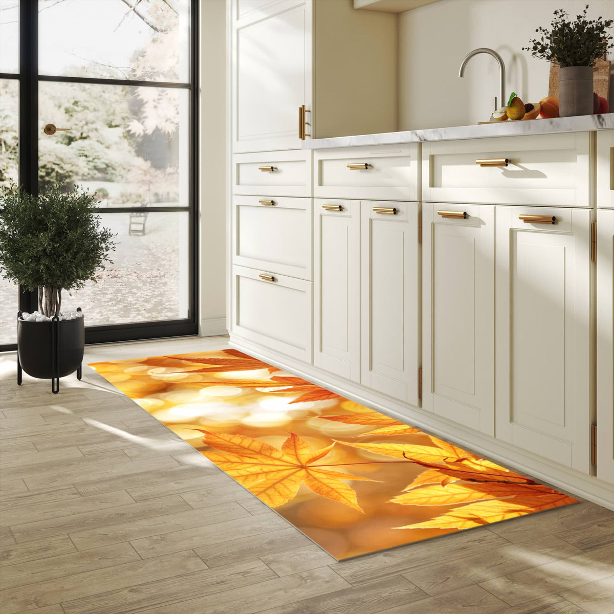 Zeitsparender waschbarer Küchenteppich mit Motiv Herbstlich Glitzernd in heller Küche