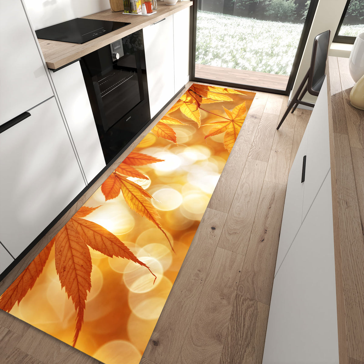Hygienischer Küchenteppich mit Motiv Herbstlich Glitzernd in moderner Küche