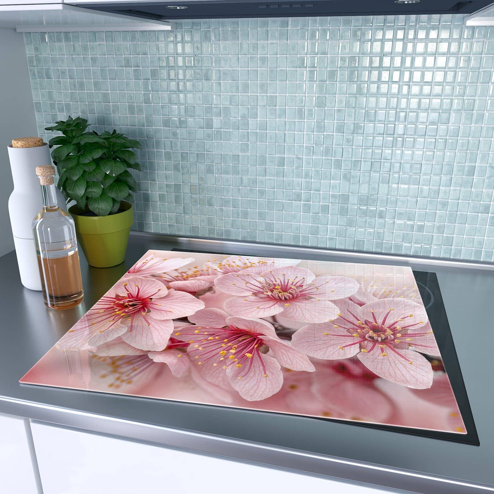 1-teilige Herdabdeckplatten aus Glas mit Kirschblütenzweig-Motiv auf dem Ceranfeld