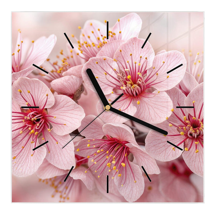Wanduhr Kirschblütenzweig aus Glas – Quadratisch 30 × 30 cm mit Ziffernblatt Linie