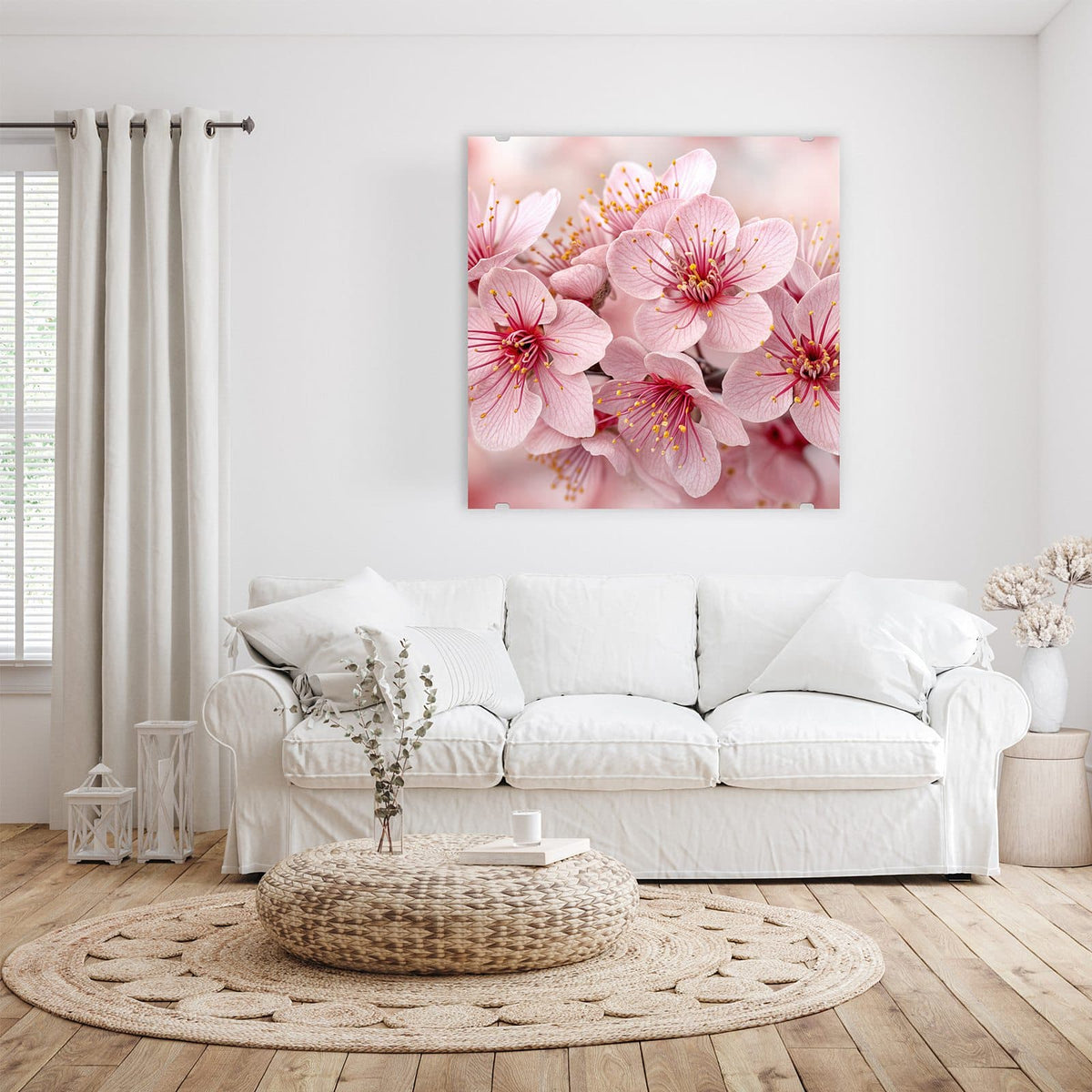 Glasbild Kirschblütenzweig an der Wand – Nahaufnahme rosa-weißer Kirschblüten mit roten Staubgefäßen