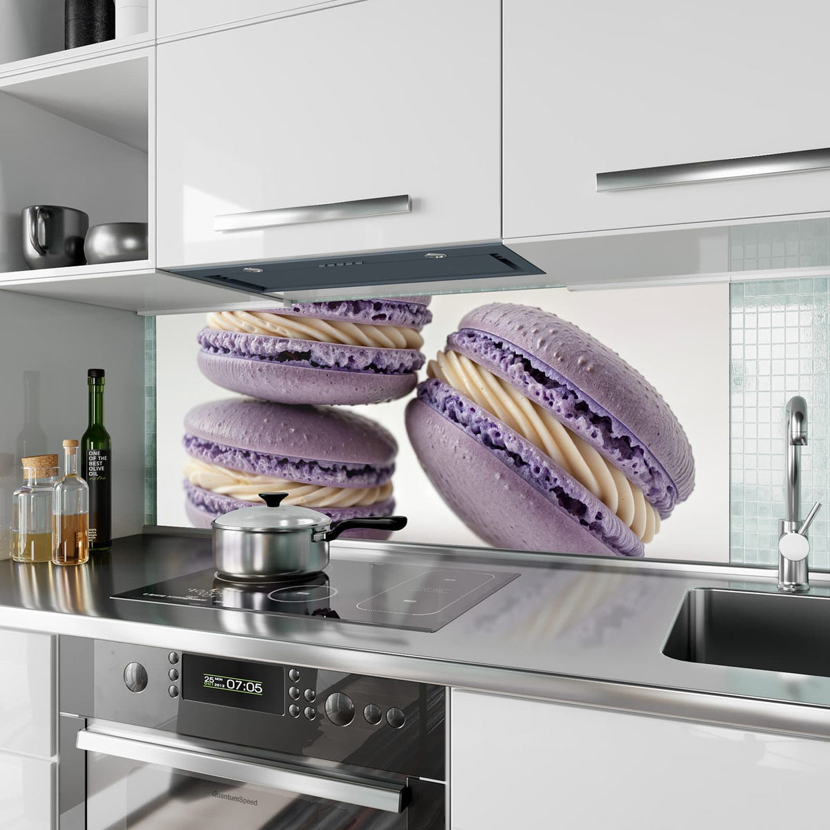 Küchenrückwand Lila Macarons mit Creme aus Glas – Fliederfarbene Macarons mit Creme