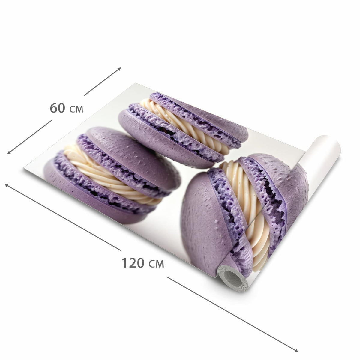 Farbbeständiger Teppich für Küche mit Motiv Lila Macarons in der Grösse 60x270 cm