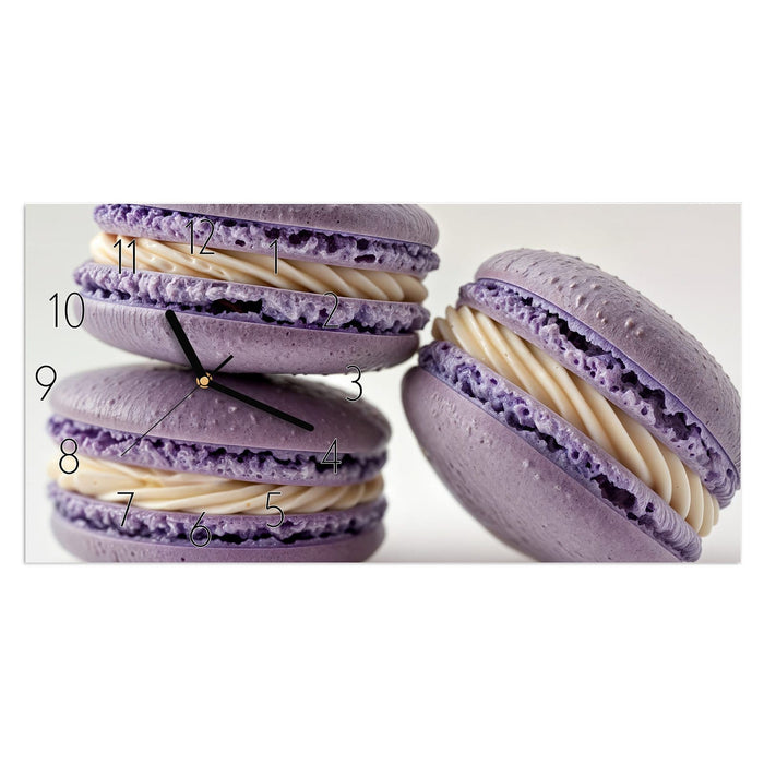 Wanduhr Lila Macarons aus Glas – Querformat 60 × 30 cm mit Ziffernblatt Elegant