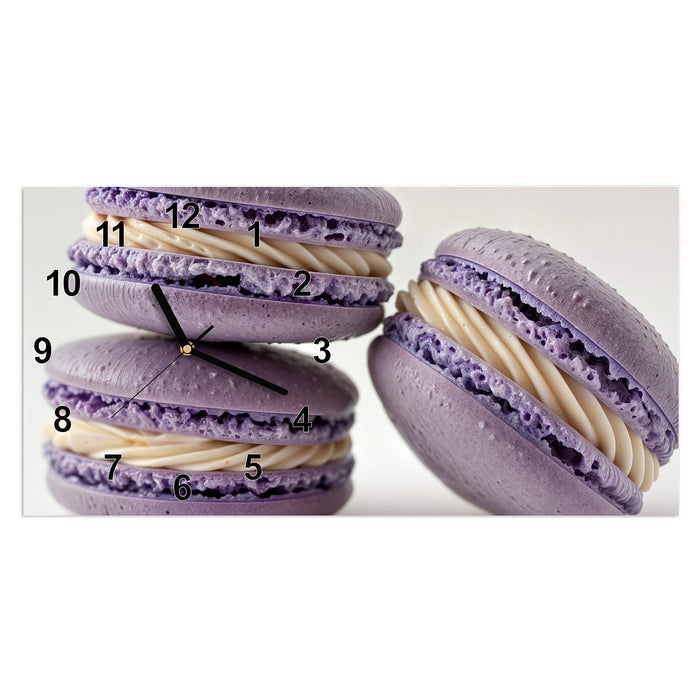 Wanduhr Lila Macarons aus Glas – Querformat 60 × 30 cm mit Ziffernblatt Modern